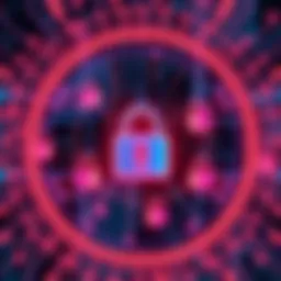 An illustration showing the Qubic network with digital locks symbolizing security risks and a potential 51% attack threat in cryptocurrency.