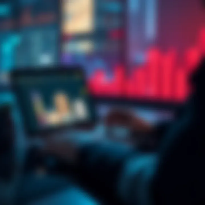 A person analyzing real estate properties on a laptop with graphs showing rising trends in the background