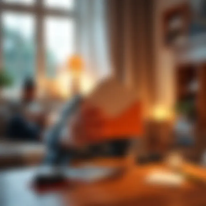A person excitedly opening a colorful envelope in a cozy living room, showing paper mail on a table.