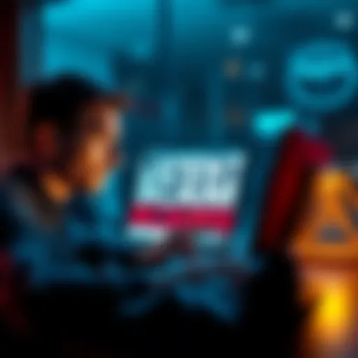 A person looking at a laptop screen displaying news about scams, with concerned expressions.