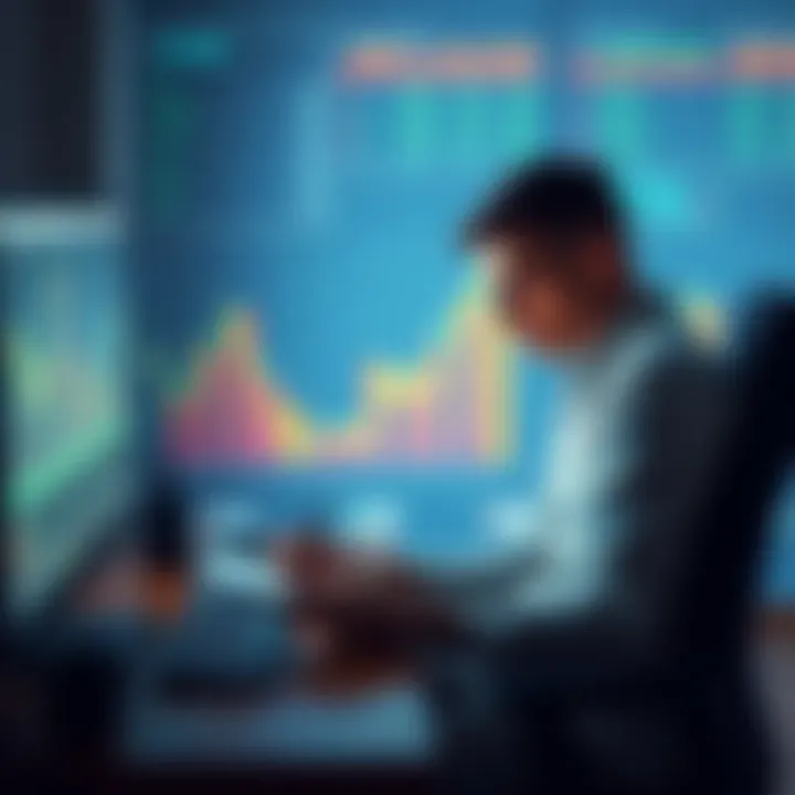 A worried individual sitting at a computer, looking at cryptocurrency charts with a notepad and pen, trying to figure out how to recover lost funds after a scam.