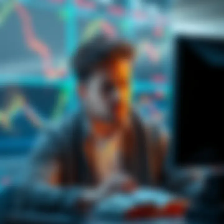 A worried retail investor observing fluctuating crypto charts on a computer screen, with emotional expressions reflecting stress and concern.