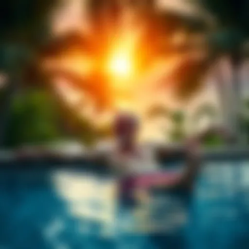 A happy retiree relaxing by a tropical pool in Costa Rica surrounded by greenery, symbolizing a successful Bitcoin investment.