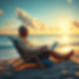 A person relaxing on a beach with a laptop, checking Bitcoin prices while enjoying retirement.