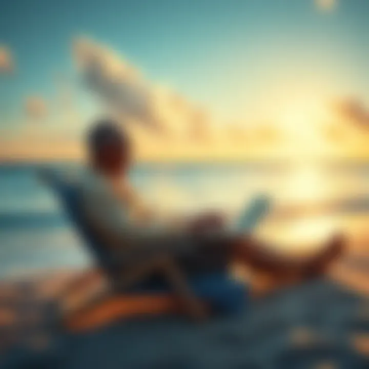 Retirement in a Bitcoin World A person relaxing on a beach with a laptop, checking Bitcoin prices while enjoying retirement.