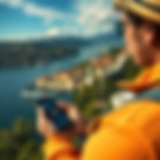 A traveler using the Revolut eSIM for mobile data in Montenegro with a scenic view in the background.
