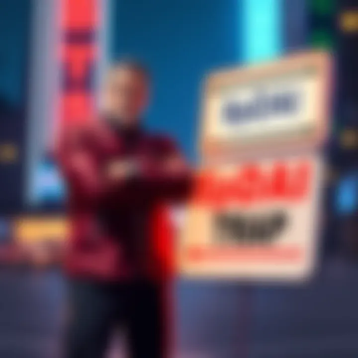 Richard Heart standing with arms crossed, looking serious while pointing at a sign that says '$pDAI Trap'
