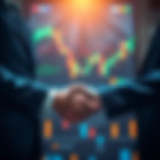 A visual representation of Ripple's acquisition of GTreasury, showing a handshake between two business people with financial graphs in the background.