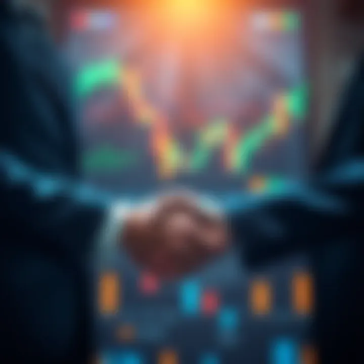 A visual representation of Ripple's acquisition of GTreasury, showing a handshake between two business people with financial graphs in the background.