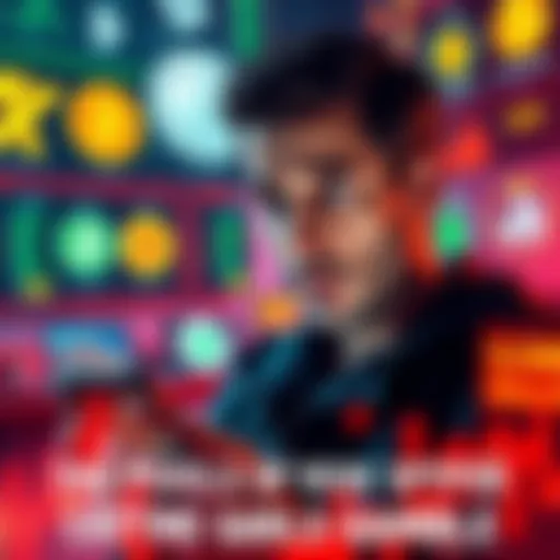 A person looking worried while checking stock prices on a phone, surrounded by images of cryptocurrency symbols and meme stock logos