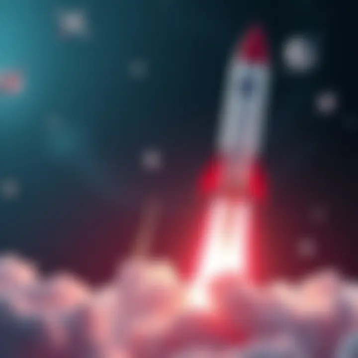 A rocket launching into space, representing the 1k Army aiming for ambitious goals like the moon and Mars, with a vibrant cosmic background.