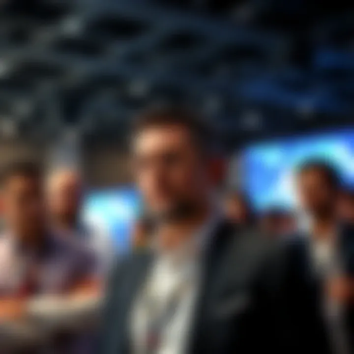 Roger Ver standing with several business partners at a cryptocurrency conference, discussing strategies.