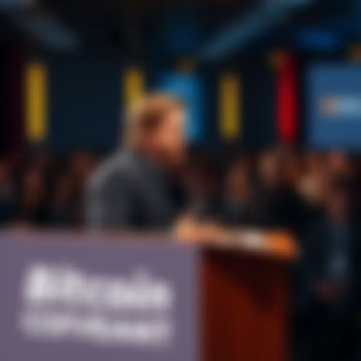 Ross Ulbricht stands at a podium, delivering a speech on freedom and unity at the Bitcoin Conference 2025, with an audience engaged in the background.