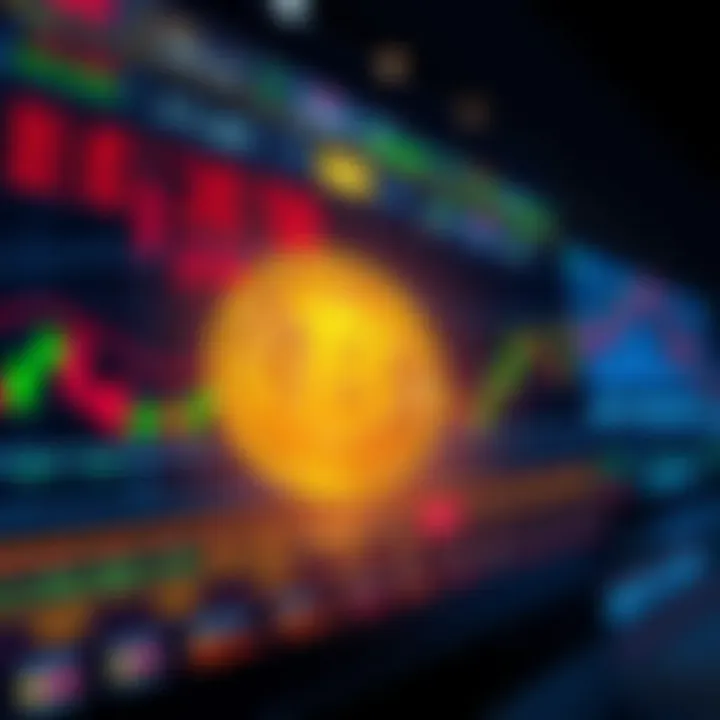 A digital representation of a stock exchange interface showing Bitcoin as the only currency option, with stock charts and graphs in the background.