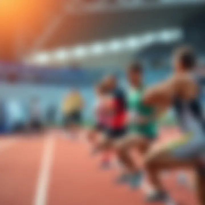 A group of runners stretching and warming up on a track before a race, showcasing various athletic gear and focused expressions.