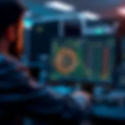 A person setting up a Bitcoin node on a VPS, with a computer screen showing Bitcoin network graphics, symbolizing support for cryptocurrency.