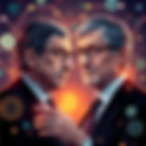 Illustration showing Satoshi Nakamoto's wealth exceeding Bill Gates', with cryptocurrencies in the background