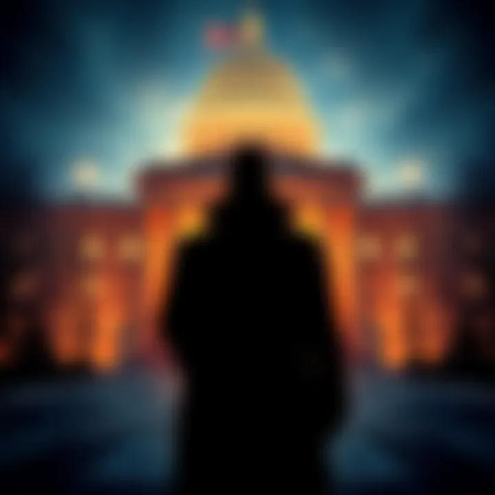 Satoshi Nakamoto and CIA Connection A conceptual image showing a shadowy figure representing Satoshi Nakamoto in front of a government building, symbolizing alleged ties to the CIA.