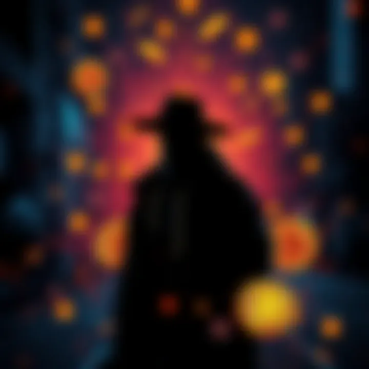 A silhouette of a figure representing Satoshi Nakamoto, surrounded by Bitcoin symbols and digital currency graphics, suggesting a future impact on finance.