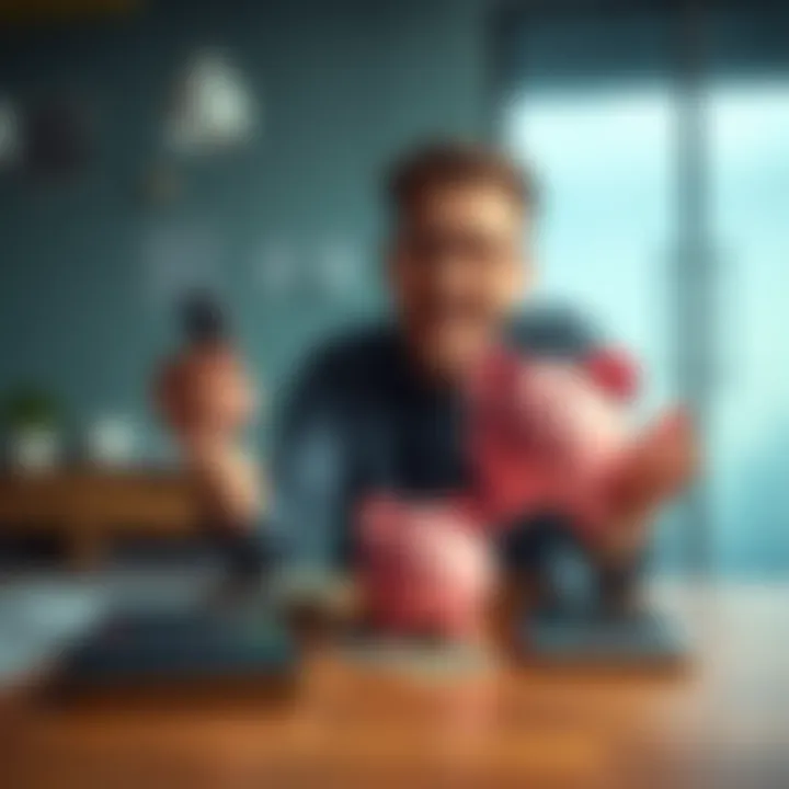 A person happily counting money with a piggy bank and a calculator on the table, symbolizing financial freedom through smart saving.