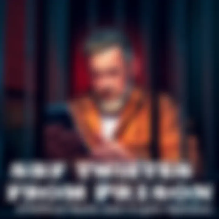 SBF sitting in a prison cell, holding a smartphone and typing. He appears serious as he shares his thoughts on politics and cryptocurrency.