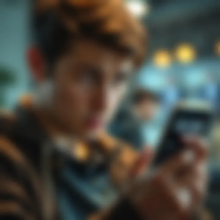 A person looking at their phone with a worried expression, noticing a scam alert on the screen.