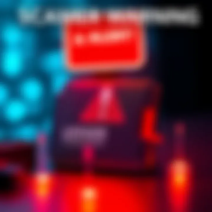 A warning graphic showing a Ledger wallet with a red alert symbol to indicate scams targeting users online.