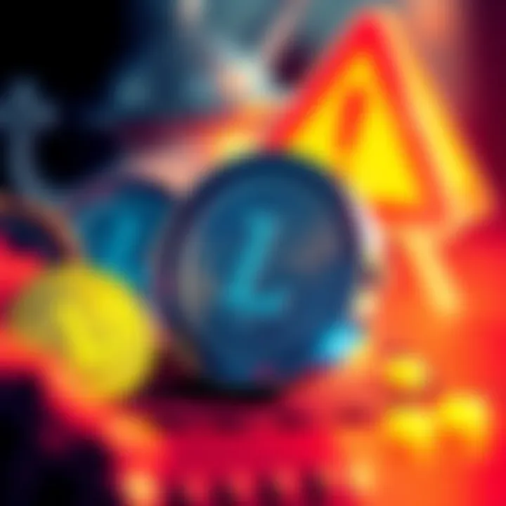 Illustration of a scam alert with Litecoin logos and a warning sign
