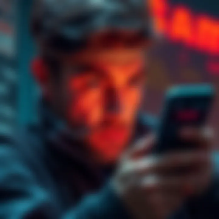 A worried person looking at their phone with scam alerts on the screen, showing various fraudulent schemes