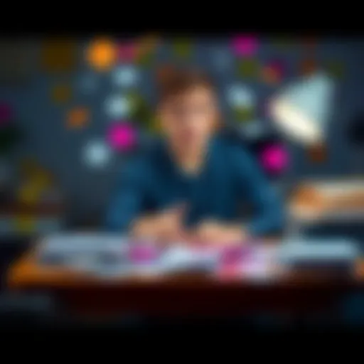 A person sitting at a desk looking overwhelmed with post-it notes and papers around them, representing scattered thoughts.
