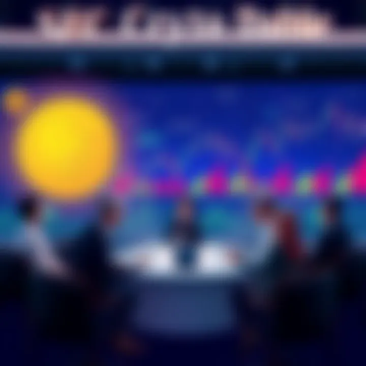 A group of people discussing decentralizing finance at a roundtable event with a backdrop of financial graphics