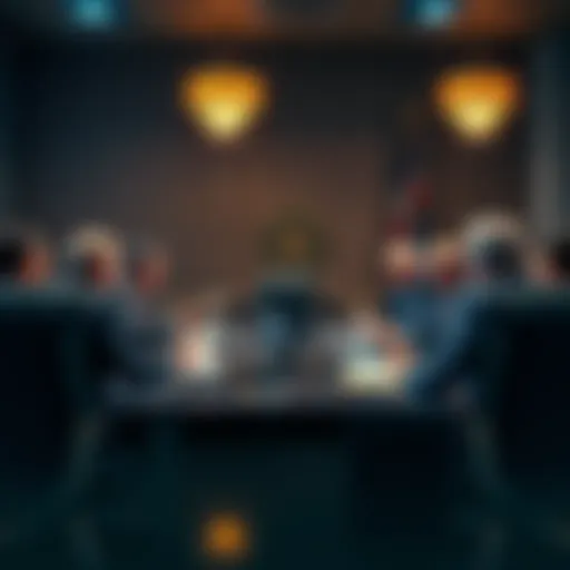 A group of officials discussing new cryptocurrency regulations with papers and laptops in a meeting room
