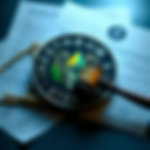 A visual representation of the SEC investigating Ethereum's token standard, featuring a gavel, Ethereum logo, and regulatory documents.