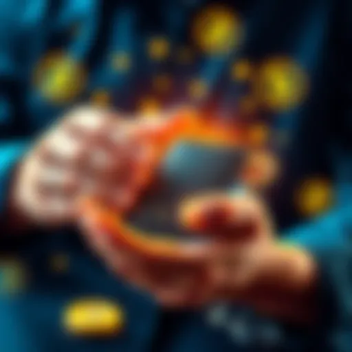 A person holding a hardware wallet with cryptocurrency symbols around, representing safe storage options for crypto investments.