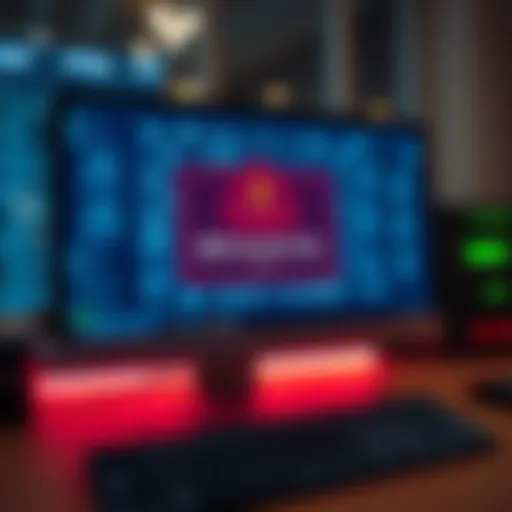 A computer screen shows a warning about a security breach with an alert symbol. Several account icons are displayed around the screen, indicating compromised accounts.