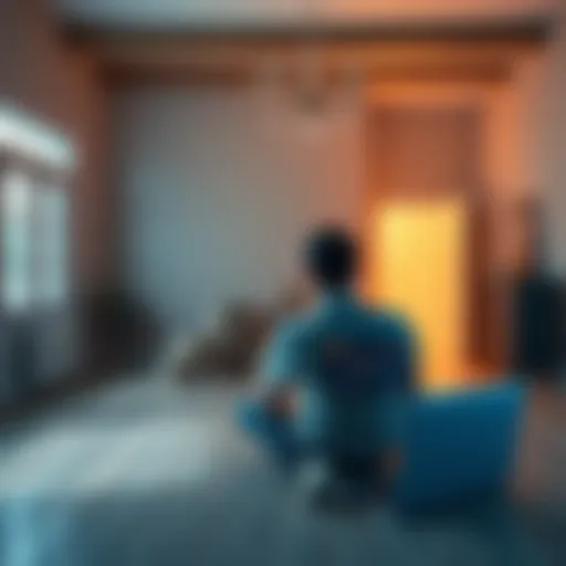 A person looks at a laptop showing Bitcoin charts while packing boxes in an empty house, symbolizing the shift from real estate to crypto investing.