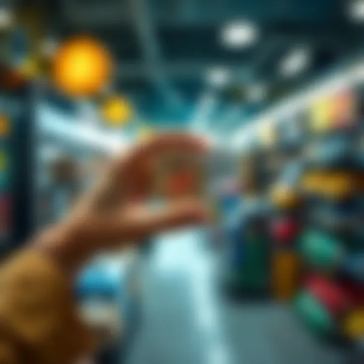 A hand holding a small Bitcoin satoshi representation with a price tag of $10-$15, in a store environment.