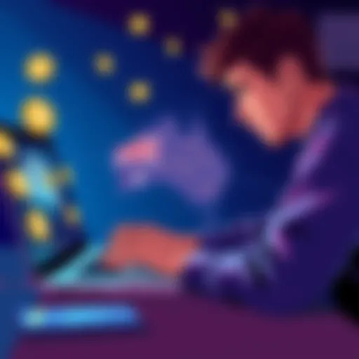 An illustration showing a person using a Ledger wallet on a laptop, with cryptocurrency symbols around them and a map of Australia in the background.