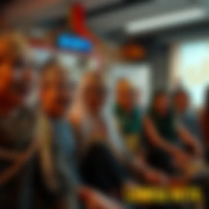 A group of Shamen members looking surprised and excited during an announcement, with announcements on a board in the background.