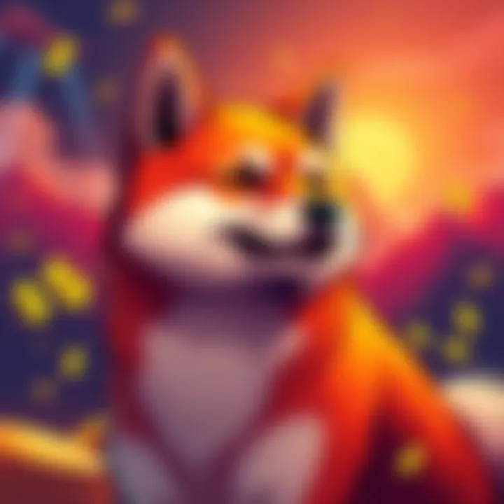 Illustration of Shiba Inu dog with rising cryptocurrency chart and dollar signs, symbolizing investment potential.