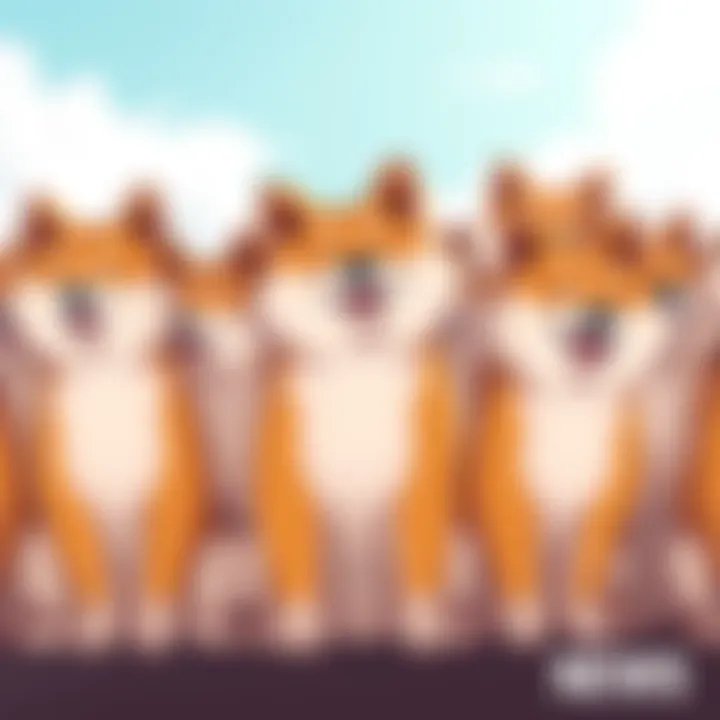 A group of Shibes, cartoon dog characters, sitting together with joyful expressions, symbolizing support and togetherness in the community.