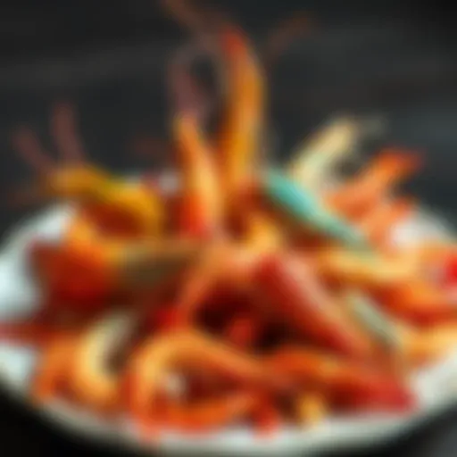 A colorful display of various shrimp types on a plate, showcasing their unique colors and shapes, symbolizing personality traits.