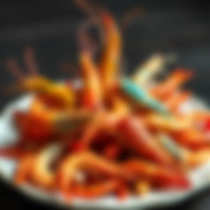 A colorful display of various shrimp types on a plate, showcasing their unique colors and shapes, symbolizing personality traits.