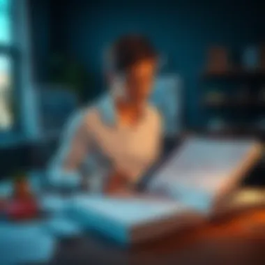 A person reading a book with simplified diagrams and notes on a table, looking engaged and thoughtful.
