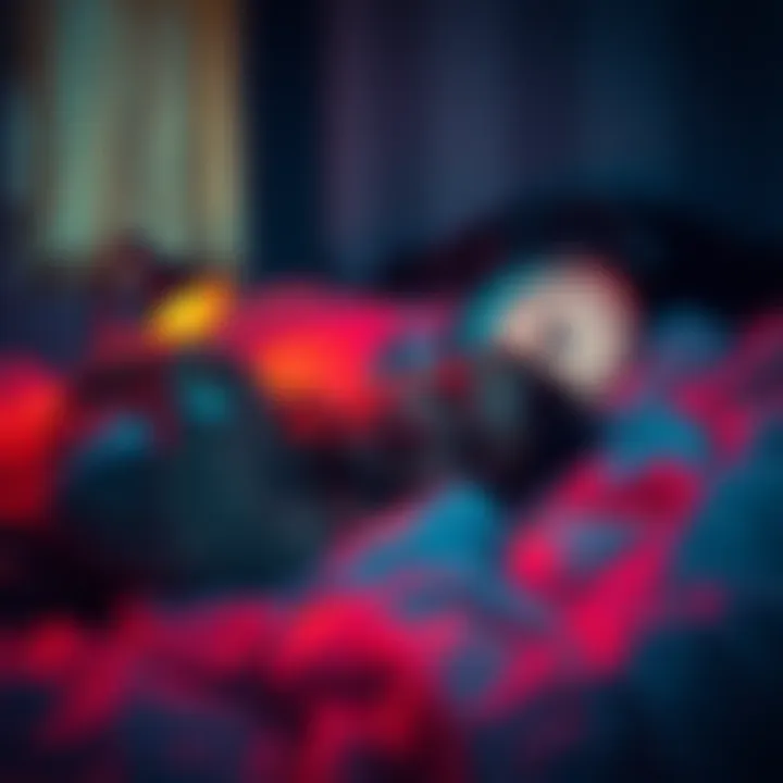 A person lying in bed looking worried, with a clock showing late hours in the background