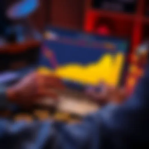 A person analyzing a Bitcoin chart on a laptop with coins on a table