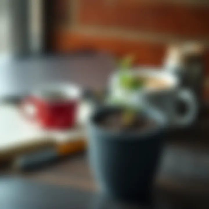 A small plant in a pot symbolizes the growth potential of starting small in business. The background shows a notebook and a cup of coffee, representing planning and strategy.