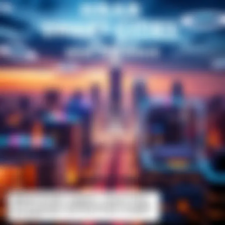 Smart Cities and Finance A modern city skyline with digital elements representing foreign exchange and real estate initiatives