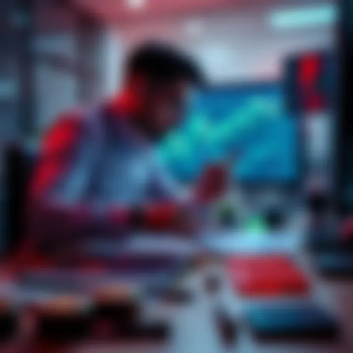 An investor analyzing market trends with graphs and clues on a desk