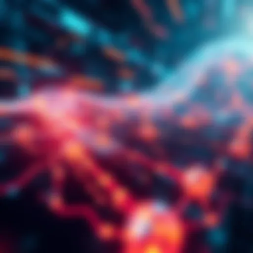 A digital representation of Solana's blockchain achieving high transaction speeds, with vibrant graphics showing fast-moving data streams and nodes connecting in a network.